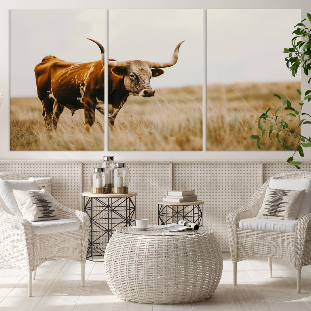 Texas Cow Longhorn Wall Art Canvas Print for Farm House Wall Decor, Farmhouse Wall Art Print