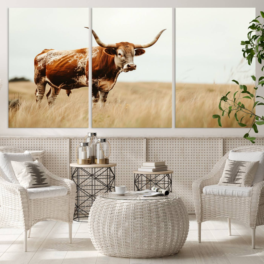 Texas Cow Longhorn Wall Art Canvas Print for Farm House Wall Decor, Farmhouse Wall Art Print