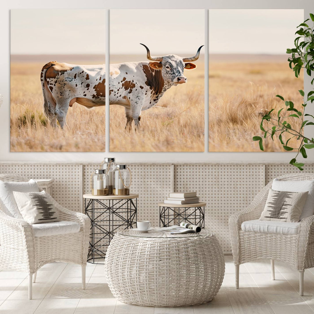 Texas Cow Longhorn Wall Art Canvas Print for Farm House Wall Decor, Farmhouse Wall Art Print