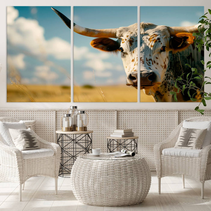 Texas Cow Longhorn Wall Art Canvas Print for Farm House Wall Decor, Farmhouse Wall Art Print