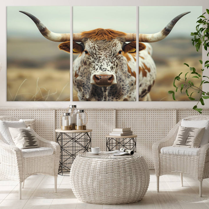 Texas Cow Longhorn Wall Art Canvas Print for Farm House Wall Decor, Farmhouse Wall Art Print