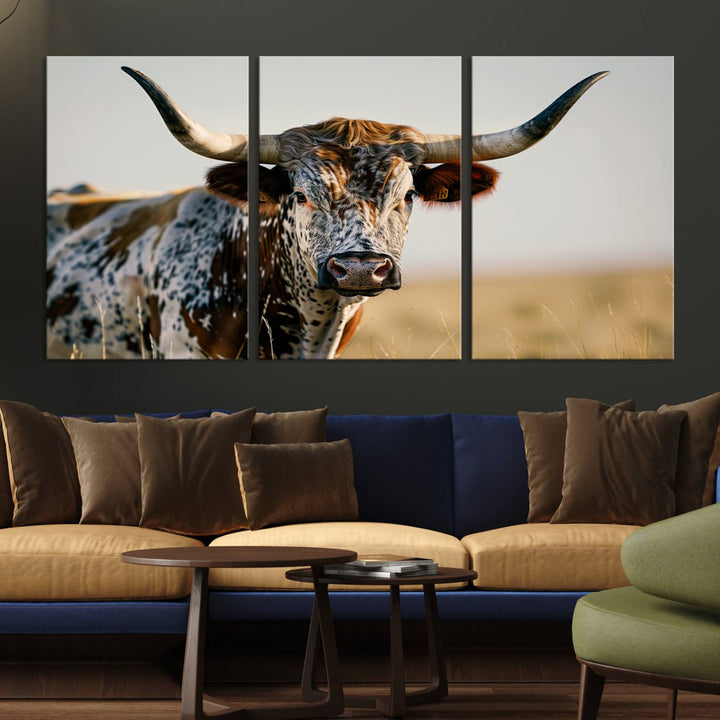 Texas Cow Longhorn Wall Art Canvas Print for Farm House Wall Decor, Farmhouse Wall Art Print