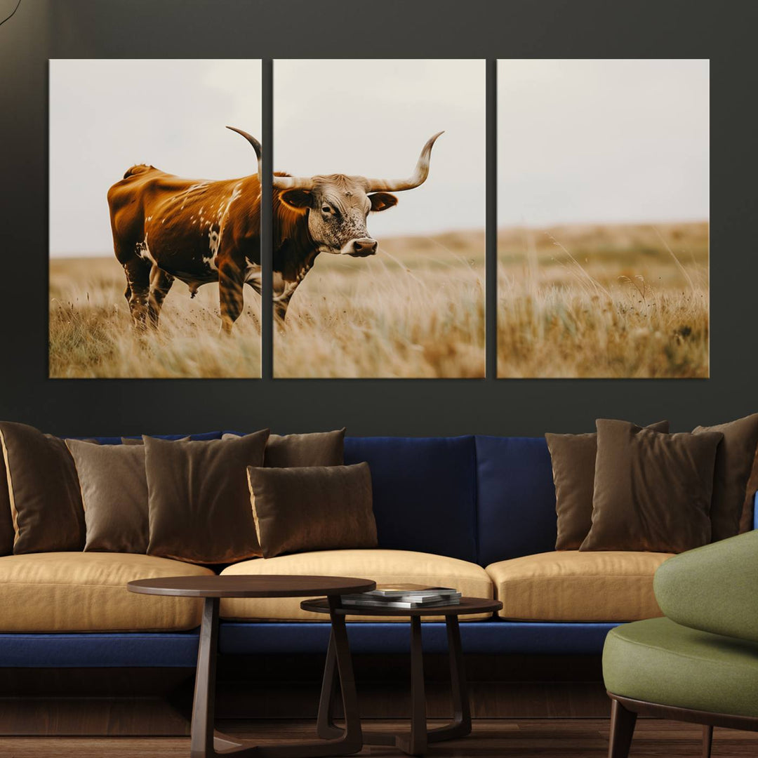 Texas Cow Longhorn Wall Art Canvas Print for Farm House Wall Decor, Farmhouse Wall Art Print