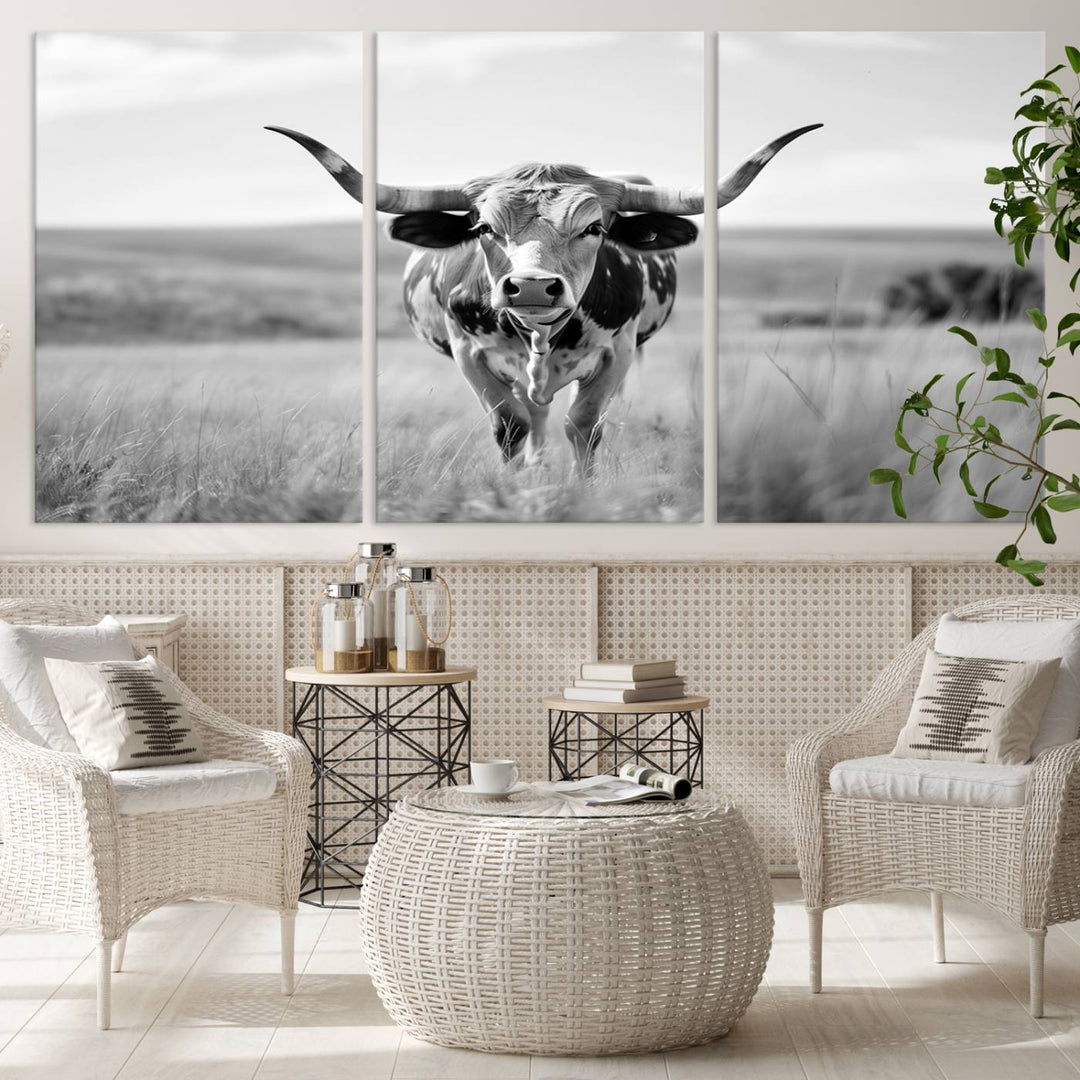 Texas Cow Longhorn Wall Art Canvas Print for Farm House Wall Decor, Farmhouse Wall Art Print