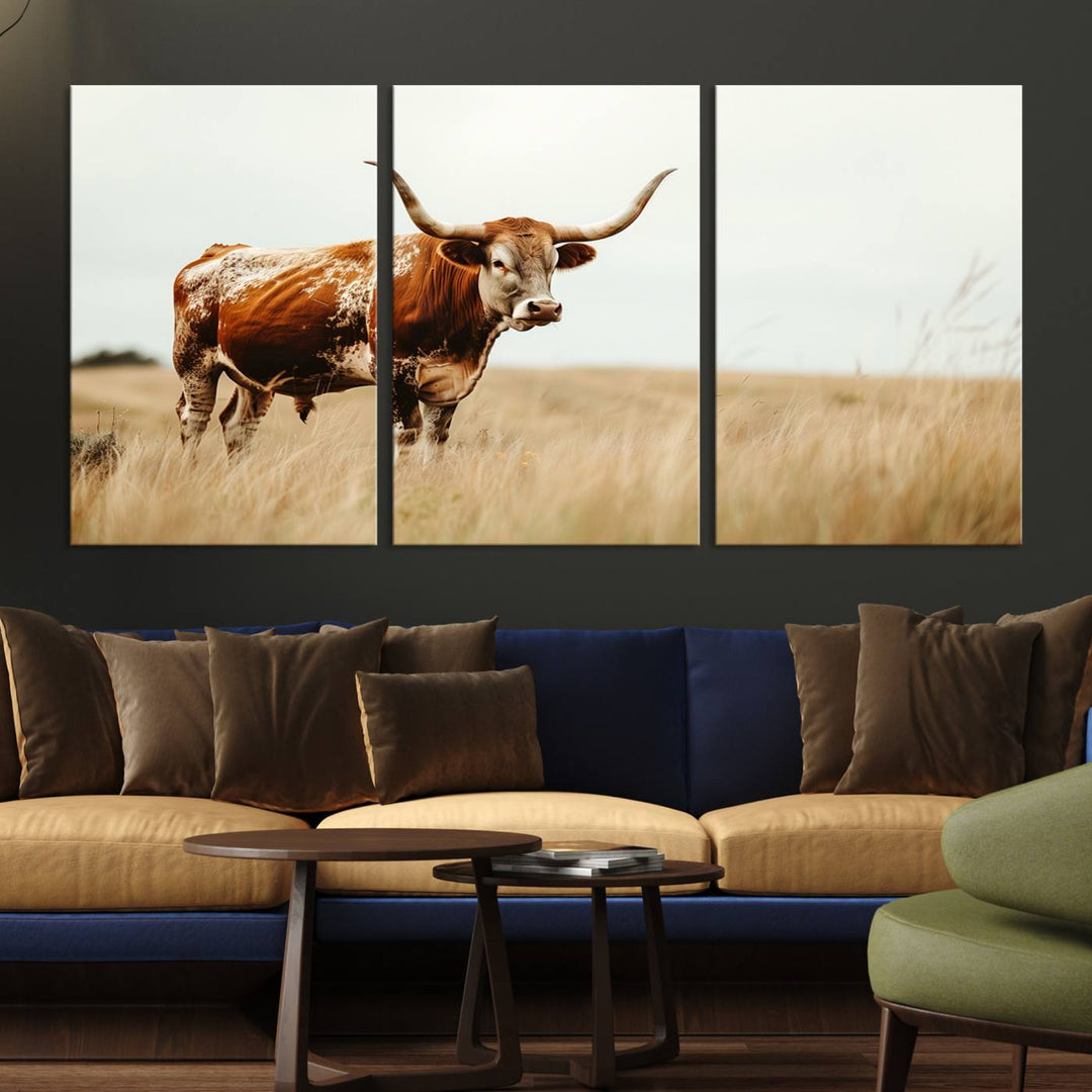 Texas Cow Longhorn Wall Art Canvas Print for Farm House Wall Decor, Farmhouse Wall Art Print