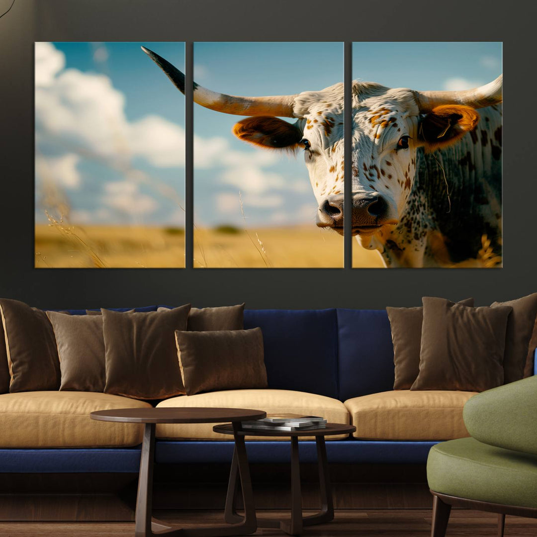 Texas Cow Longhorn Wall Art Canvas Print for Farm House Wall Decor, Farmhouse Wall Art Print