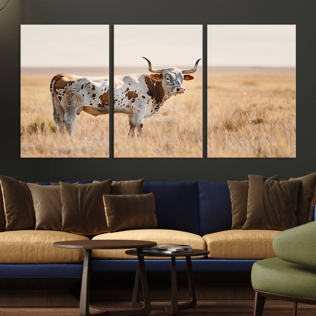 Texas Cow Longhorn Wall Art Canvas Print for Farm House Wall Decor, Farmhouse Wall Art Print