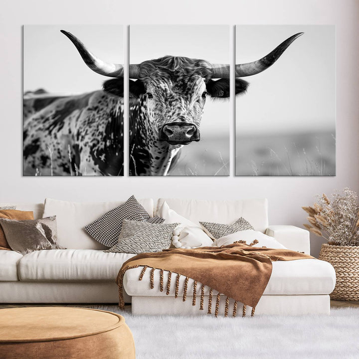 Texas Cow Longhorn Wall Art Canvas Print for Farm House Wall Decor, Farmhouse Wall Art Print