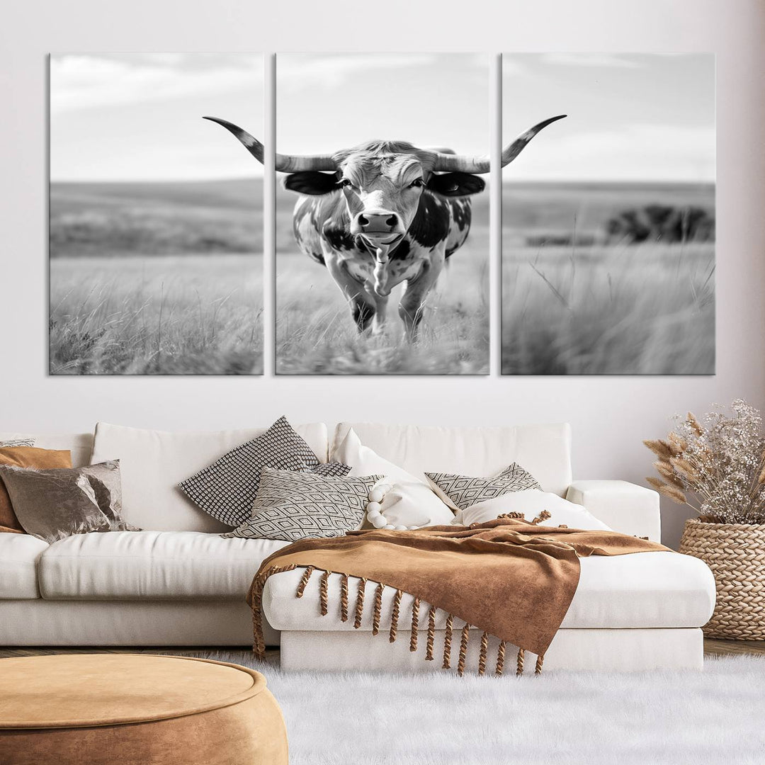 Texas Cow Longhorn Wall Art Canvas Print for Farm House Wall Decor, Farmhouse Wall Art Print