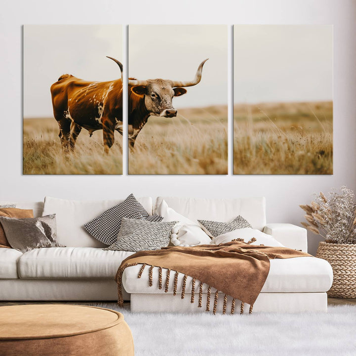 Texas Cow Longhorn Wall Art Canvas Print for Farm House Wall Decor, Farmhouse Wall Art Print