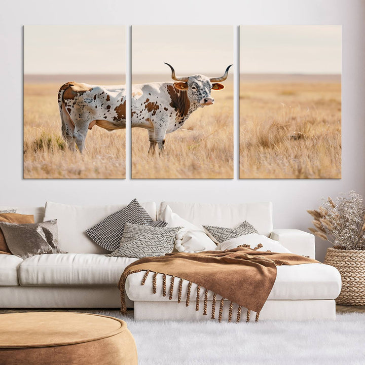 Texas Cow Longhorn Wall Art Canvas Print for Farm House Wall Decor, Farmhouse Wall Art Print