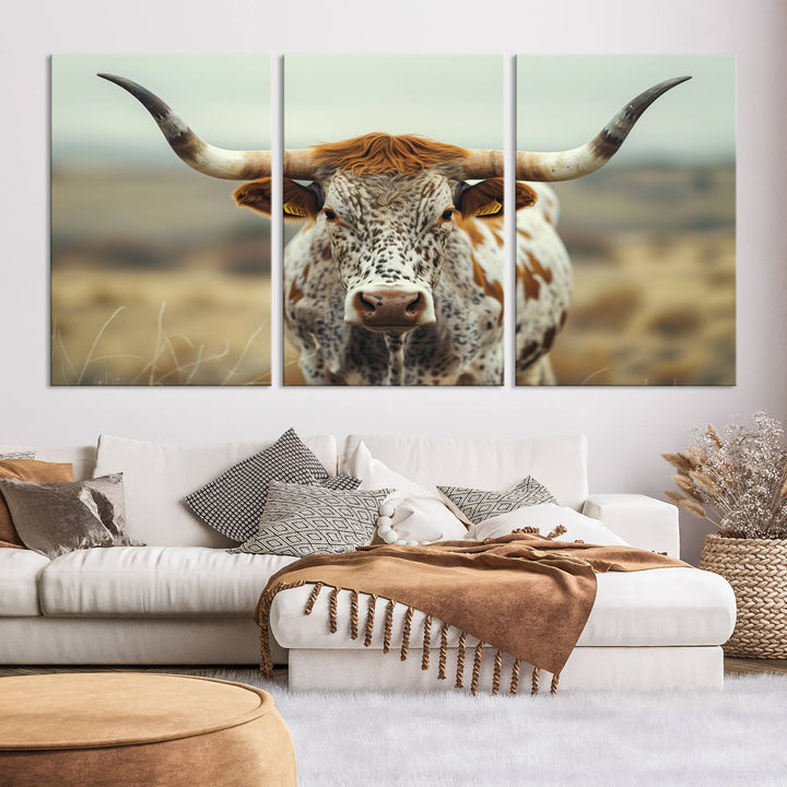 Texas Cow Longhorn Wall Art Canvas Print for Farm House Wall Decor, Farmhouse Wall Art Print