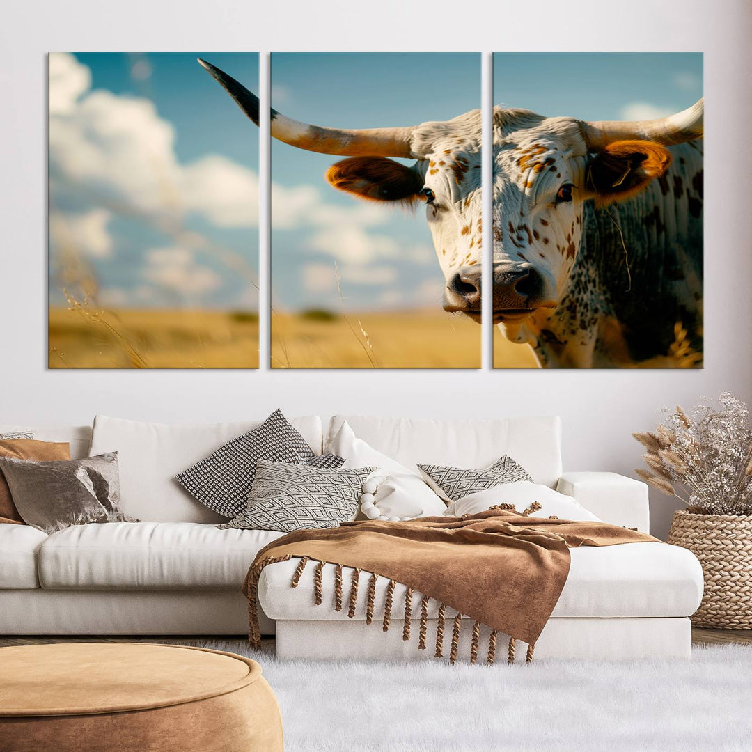 Texas Cow Longhorn Wall Art Canvas Print for Farm House Wall Decor, Farmhouse Wall Art Print