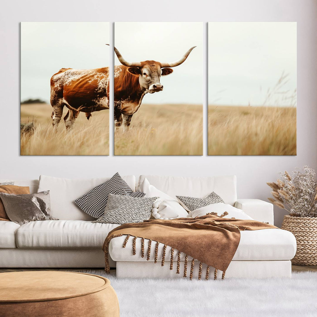 Texas Cow Longhorn Wall Art Canvas Print for Farm House Wall Decor, Farmhouse Wall Art Print