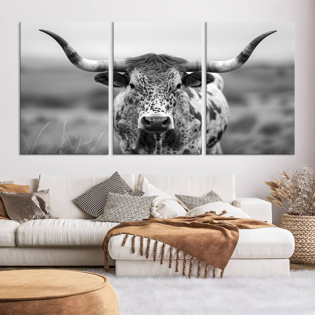 Texas Cow Longhorn Wall Art Canvas Print for Farm House Wall Decor, Farmhouse Wall Art Print