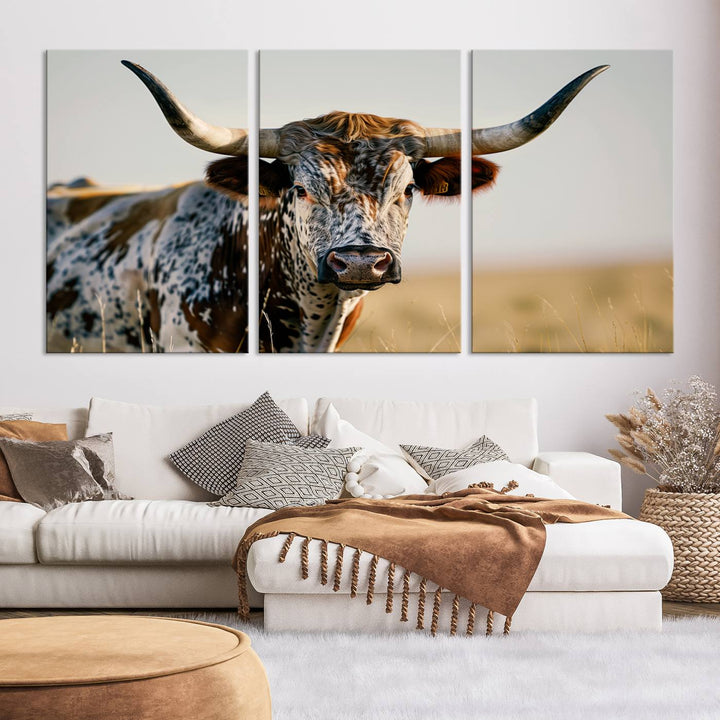 Texas Cow Longhorn Wall Art Canvas Print for Farm House Wall Decor, Farmhouse Wall Art Print