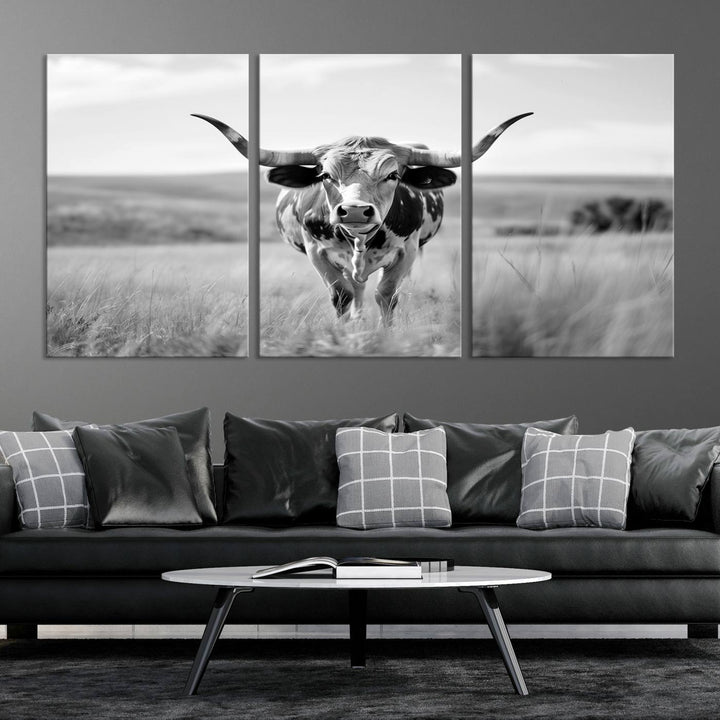 Texas Cow Longhorn Wall Art Canvas Print for Farm House Wall Decor, Farmhouse Wall Art Print