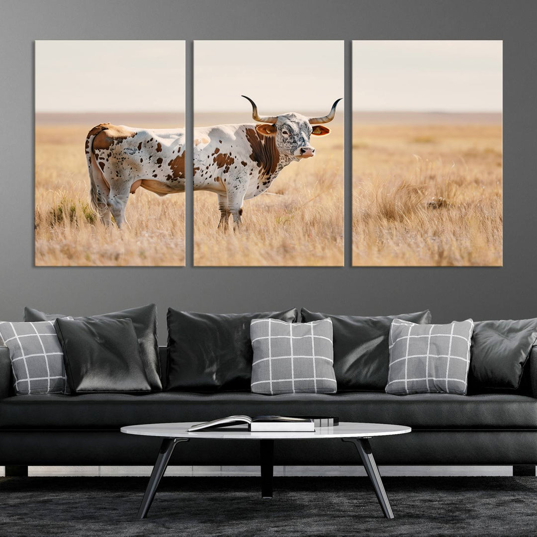 Texas Cow Longhorn Wall Art Canvas Print for Farm House Wall Decor, Farmhouse Wall Art Print