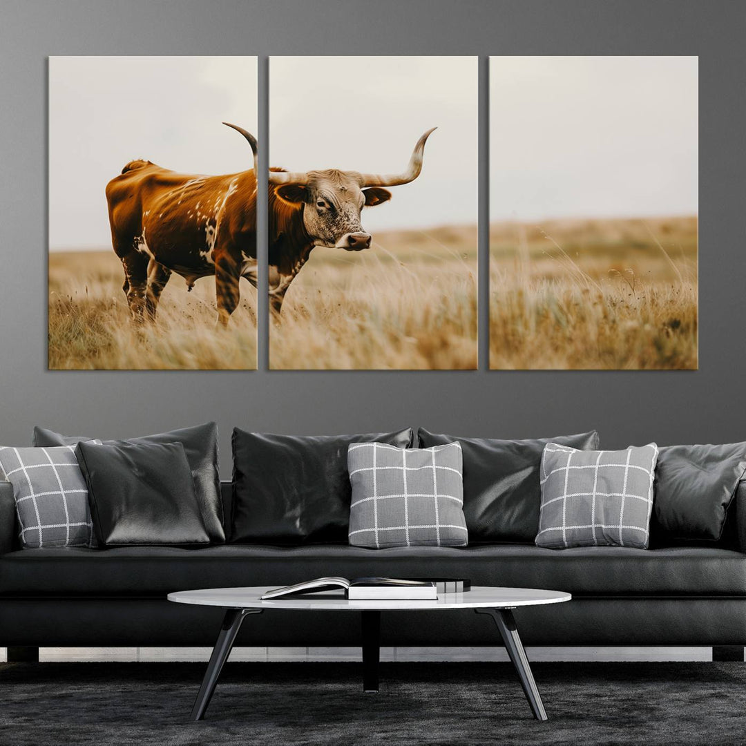 Texas Cow Longhorn Wall Art Canvas Print for Farm House Wall Decor, Farmhouse Wall Art Print