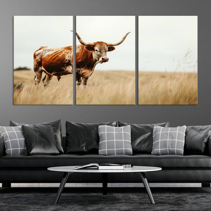 Texas Cow Longhorn Wall Art Canvas Print for Farm House Wall Decor, Farmhouse Wall Art Print