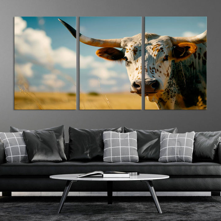 Texas Cow Longhorn Wall Art Canvas Print for Farm House Wall Decor, Farmhouse Wall Art Print