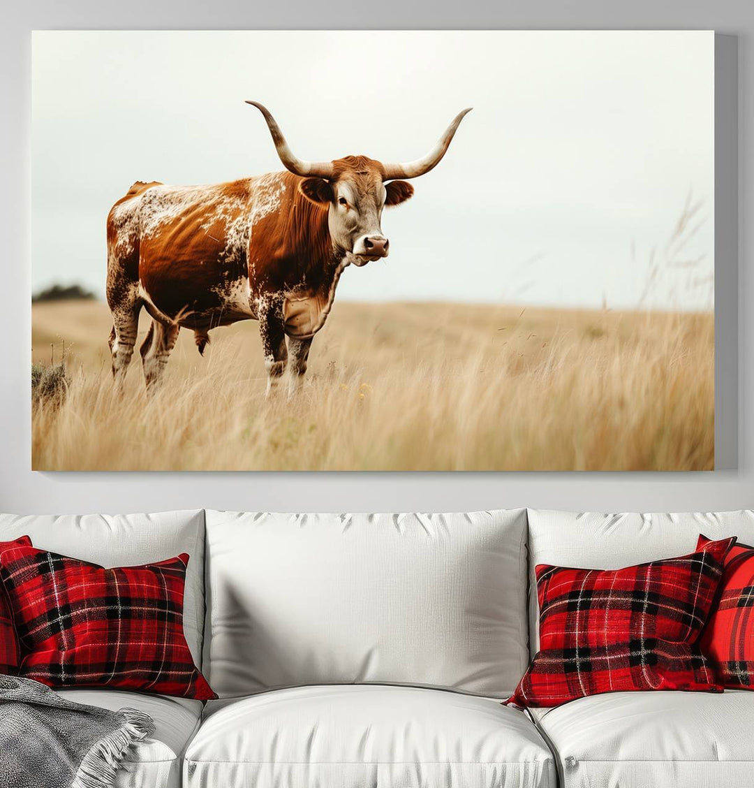 Texas Cow Longhorn Wall Art Canvas Print for Farm House Wall Decor, Farmhouse Wall Art Print