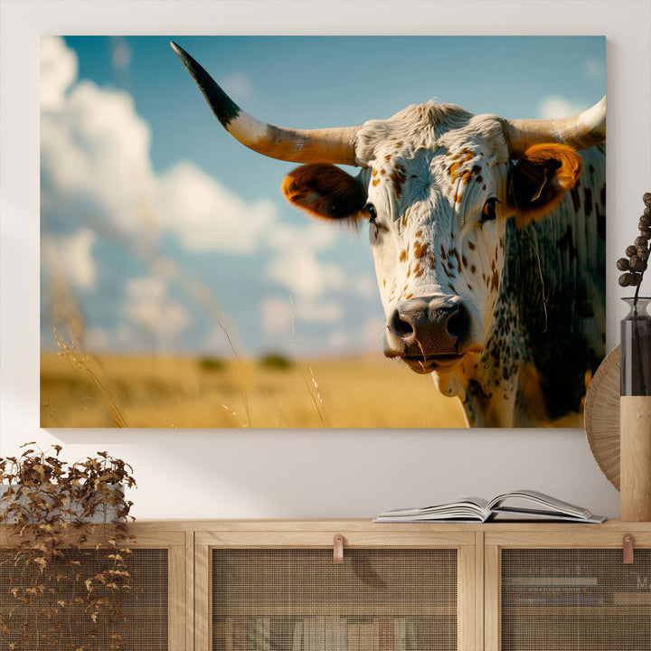 Texas Cow Longhorn Wall Art Canvas Print for Farm House Wall Decor, Farmhouse Wall Art Print