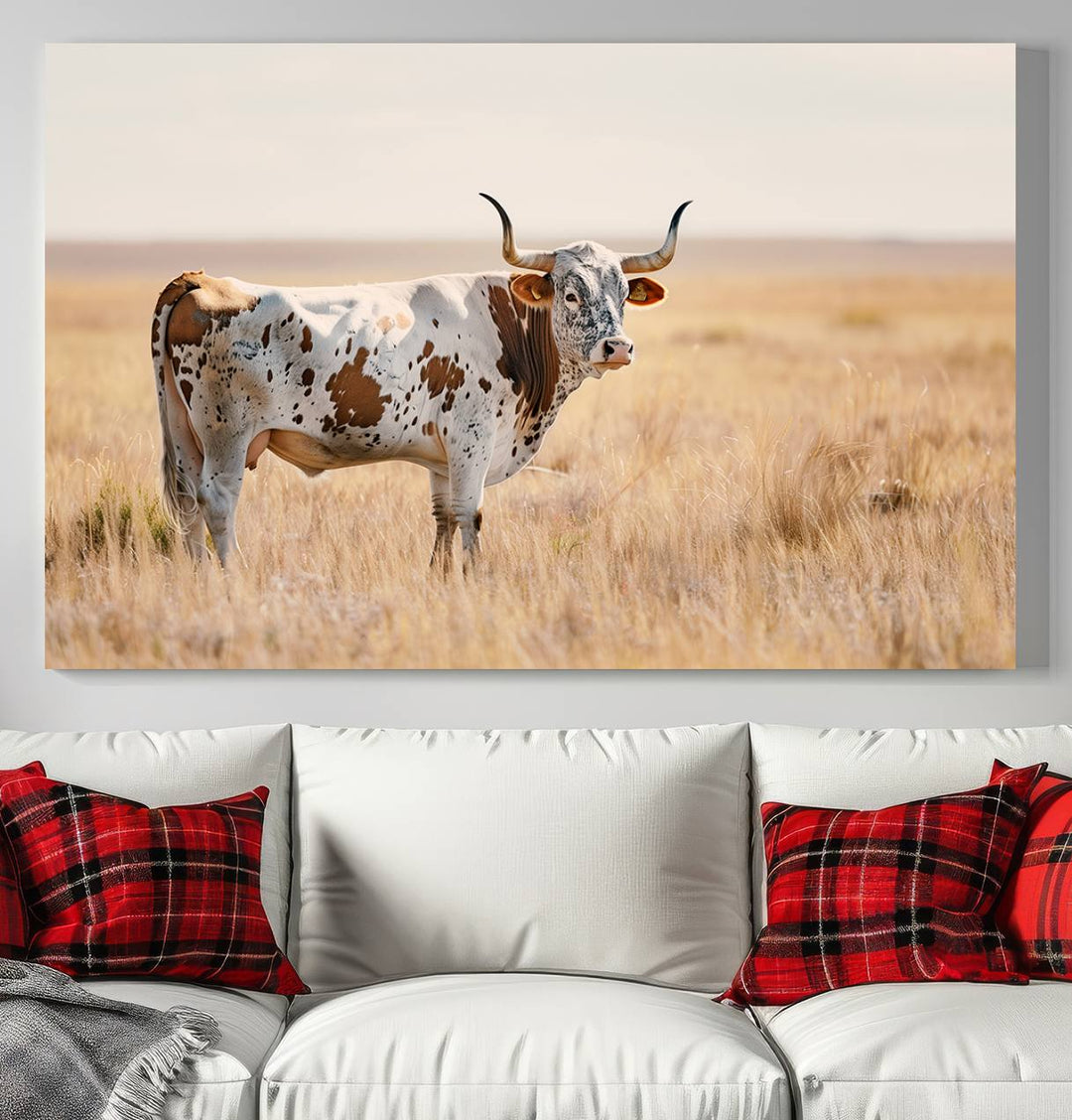 Texas Cow Longhorn Wall Art Canvas Print for Farm House Wall Decor, Farmhouse Wall Art Print