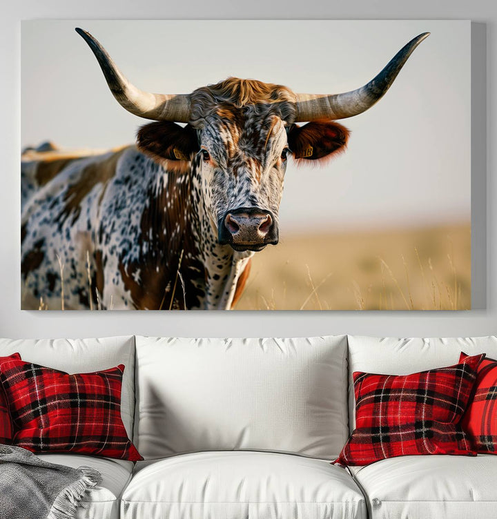 Texas Cow Longhorn Wall Art Canvas Print for Farm House Wall Decor, Farmhouse Wall Art Print