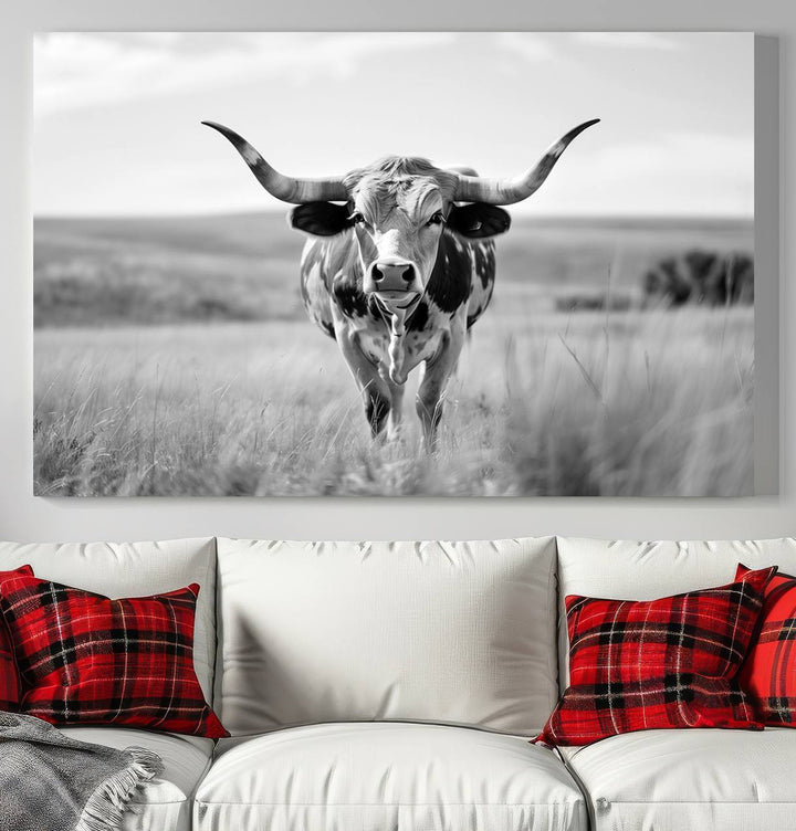 Texas Cow Longhorn Wall Art Canvas Print for Farm House Wall Decor, Farmhouse Wall Art Print