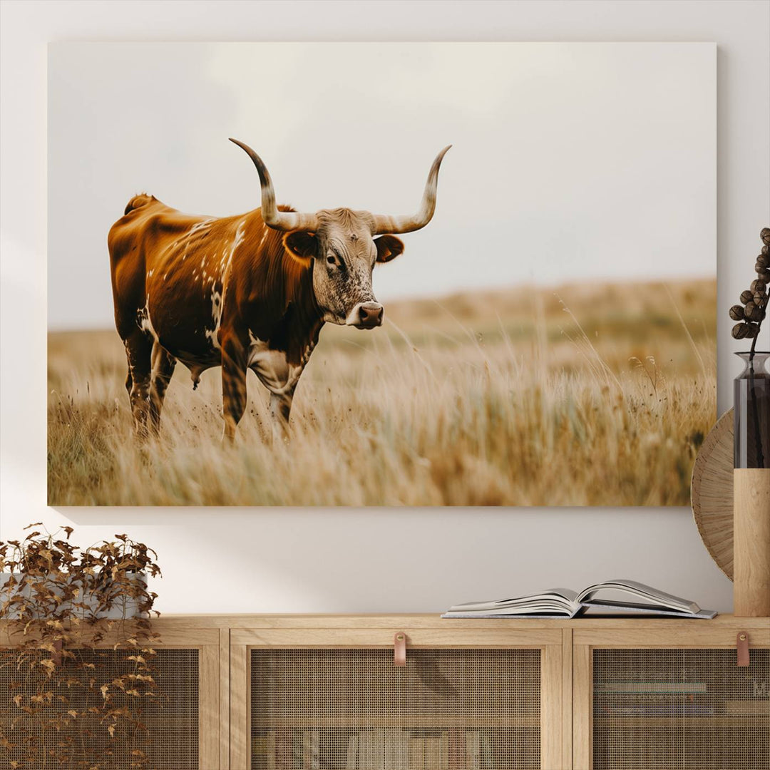 Texas Cow Longhorn Wall Art Canvas Print for Farm House Wall Decor, Farmhouse Wall Art Print