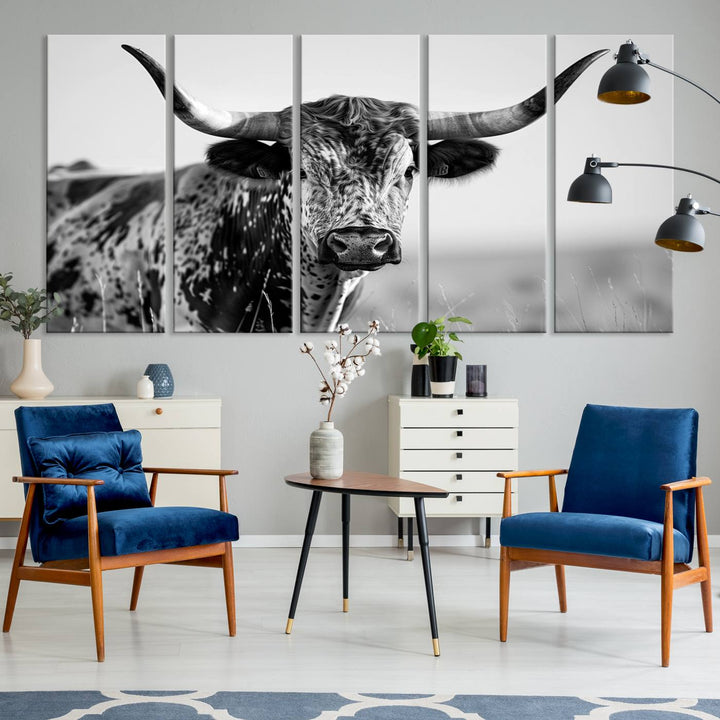 Texas Cow Longhorn Wall Art Canvas Print for Farm House Wall Decor, Farmhouse Wall Art Print