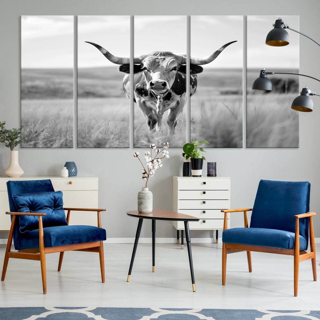 Texas Cow Longhorn Wall Art Canvas Print for Farm House Wall Decor, Farmhouse Wall Art Print