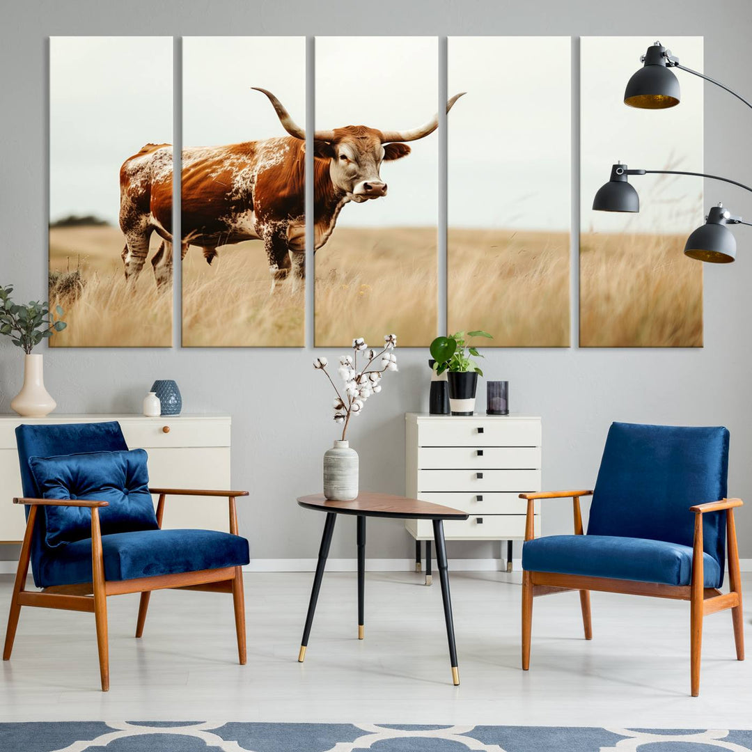 Texas Cow Longhorn Wall Art Canvas Print for Farm House Wall Decor, Farmhouse Wall Art Print