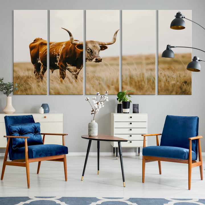 Texas Cow Longhorn Wall Art Canvas Print for Farm House Wall Decor, Farmhouse Wall Art Print