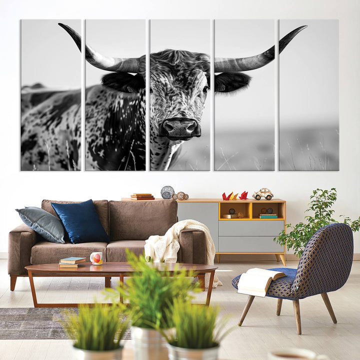 Texas Cow Longhorn Wall Art Canvas Print for Farm House Wall Decor, Farmhouse Wall Art Print