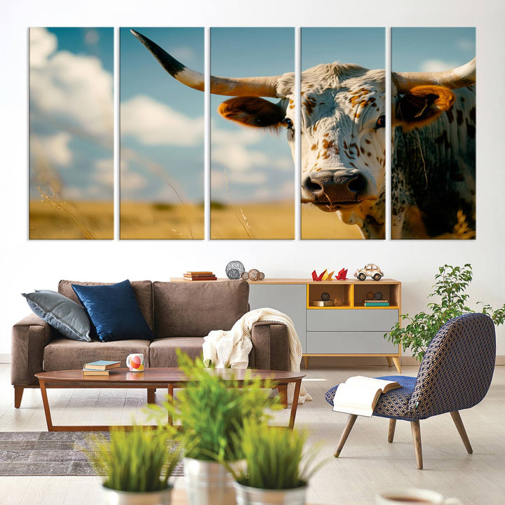 Texas Cow Longhorn Wall Art Canvas Print for Farm House Wall Decor, Farmhouse Wall Art Print