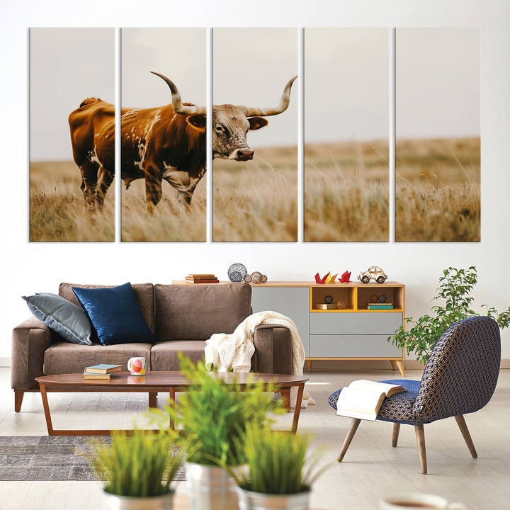 Texas Cow Longhorn Wall Art Canvas Print for Farm House Wall Decor, Farmhouse Wall Art Print