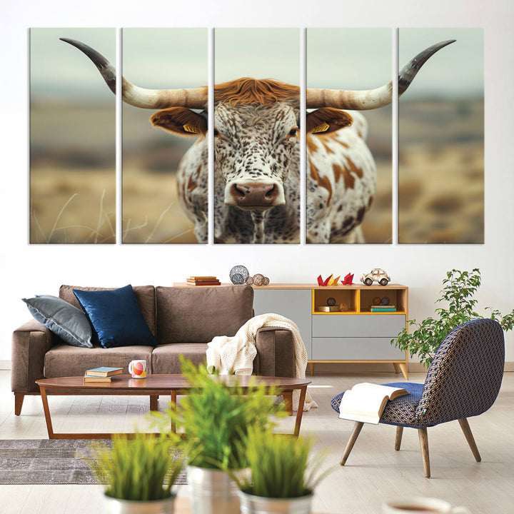 Texas Cow Longhorn Wall Art Canvas Print for Farm House Wall Decor, Farmhouse Wall Art Print