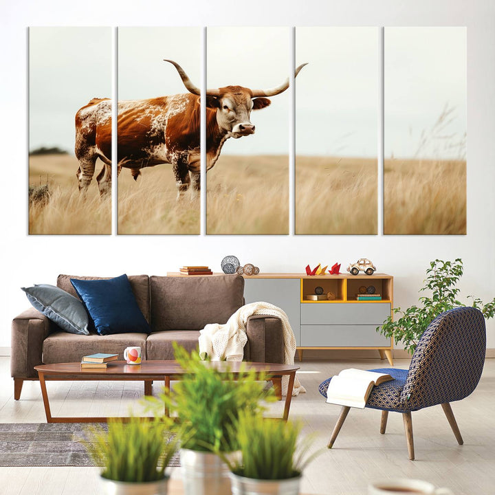 Texas Cow Longhorn Wall Art Canvas Print for Farm House Wall Decor, Farmhouse Wall Art Print