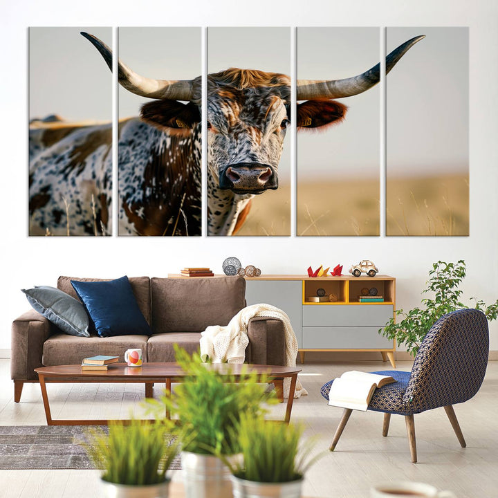 Texas Cow Longhorn Wall Art Canvas Print for Farm House Wall Decor, Farmhouse Wall Art Print