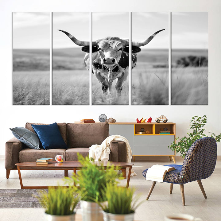 Texas Cow Longhorn Wall Art Canvas Print for Farm House Wall Decor, Farmhouse Wall Art Print