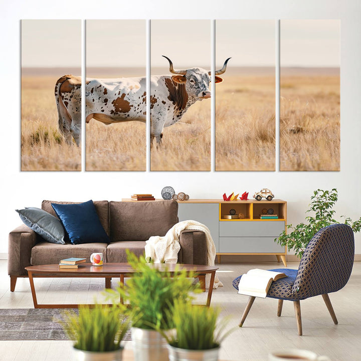 Texas Cow Longhorn Wall Art Canvas Print for Farm House Wall Decor, Farmhouse Wall Art Print