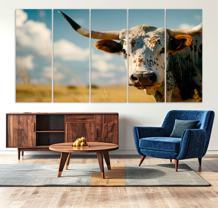 Texas Cow Longhorn Wall Art Canvas Print for Farm House Wall Decor, Farmhouse Wall Art Print