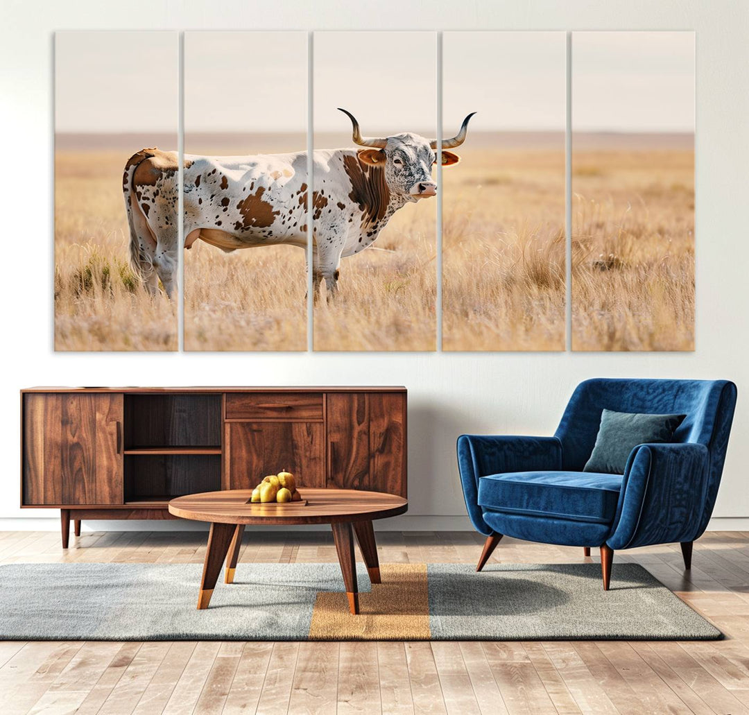 Texas Cow Longhorn Wall Art Canvas Print for Farm House Wall Decor, Farmhouse Wall Art Print