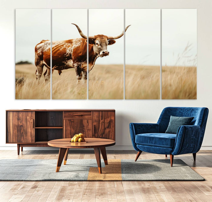 Texas Cow Longhorn Wall Art Canvas Print for Farm House Wall Decor, Farmhouse Wall Art Print