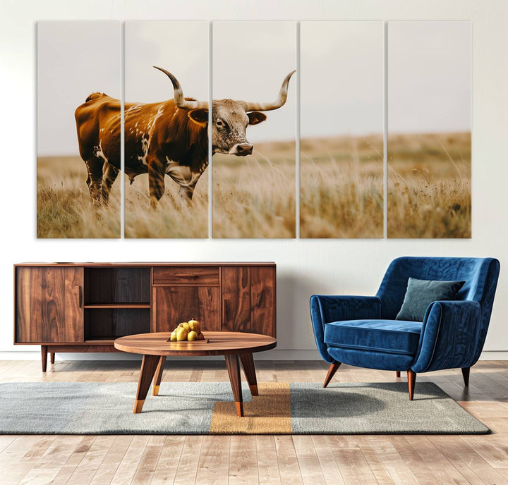 Texas Cow Longhorn Wall Art Canvas Print for Farm House Wall Decor, Farmhouse Wall Art Print