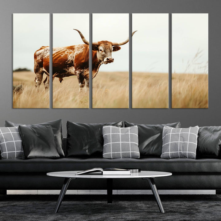 Texas Cow Longhorn Wall Art Canvas Print for Farm House Wall Decor, Farmhouse Wall Art Print