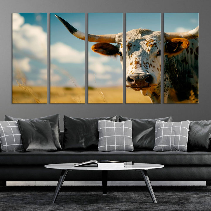 Texas Cow Longhorn Wall Art Canvas Print for Farm House Wall Decor, Farmhouse Wall Art Print