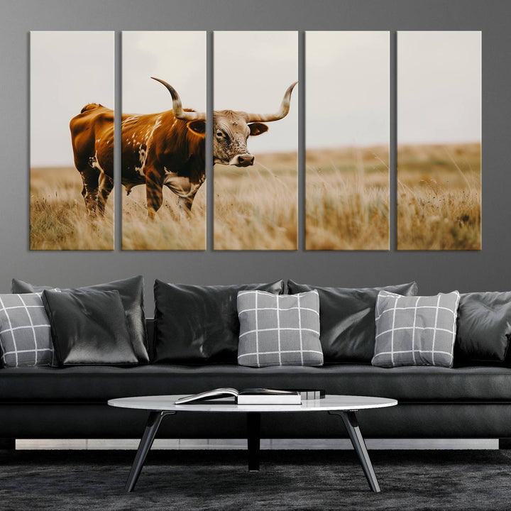 Texas Cow Longhorn Wall Art Canvas Print for Farm House Wall Decor, Farmhouse Wall Art Print